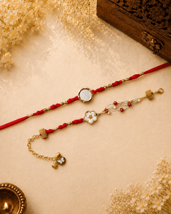 Handcrafted Red & Gold Thread Bhai Bhabhi Rakhi Set