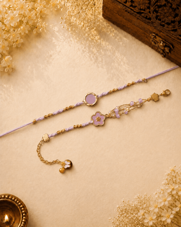 Handcrafted Purple & Gold Thread Bhai Bhabhi Rakhi Set