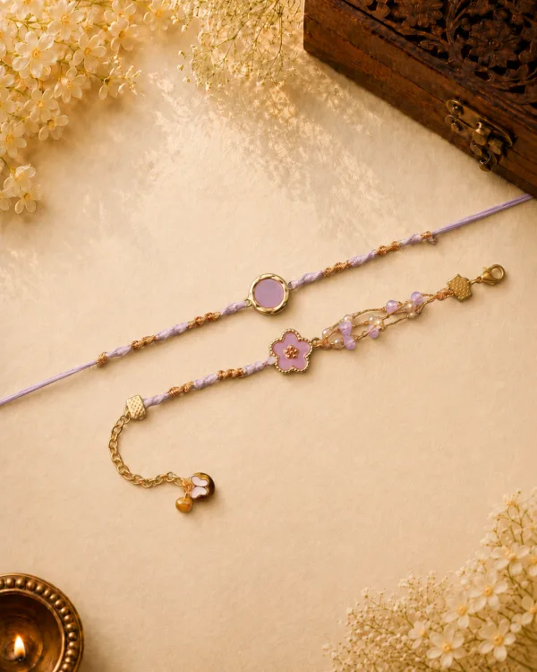 Handcrafted Purple & Gold Thread Bhai Bhabhi Rakhi Set
