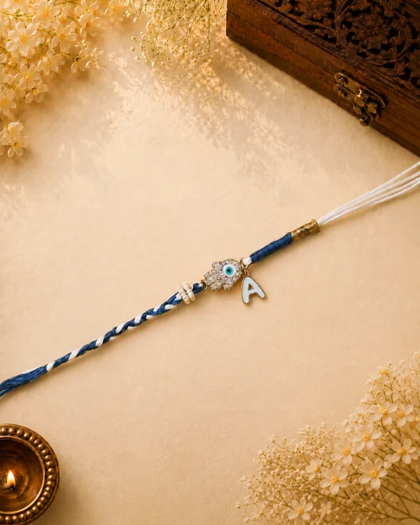 Elegant Evil Eye Hamsa Hand Personalized Initial Bhabhi Rakhi