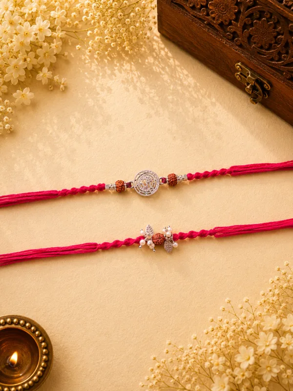 Om Rudraksha Silver Designer Knotting Bead Bhai Bhabhi Rakhi Set