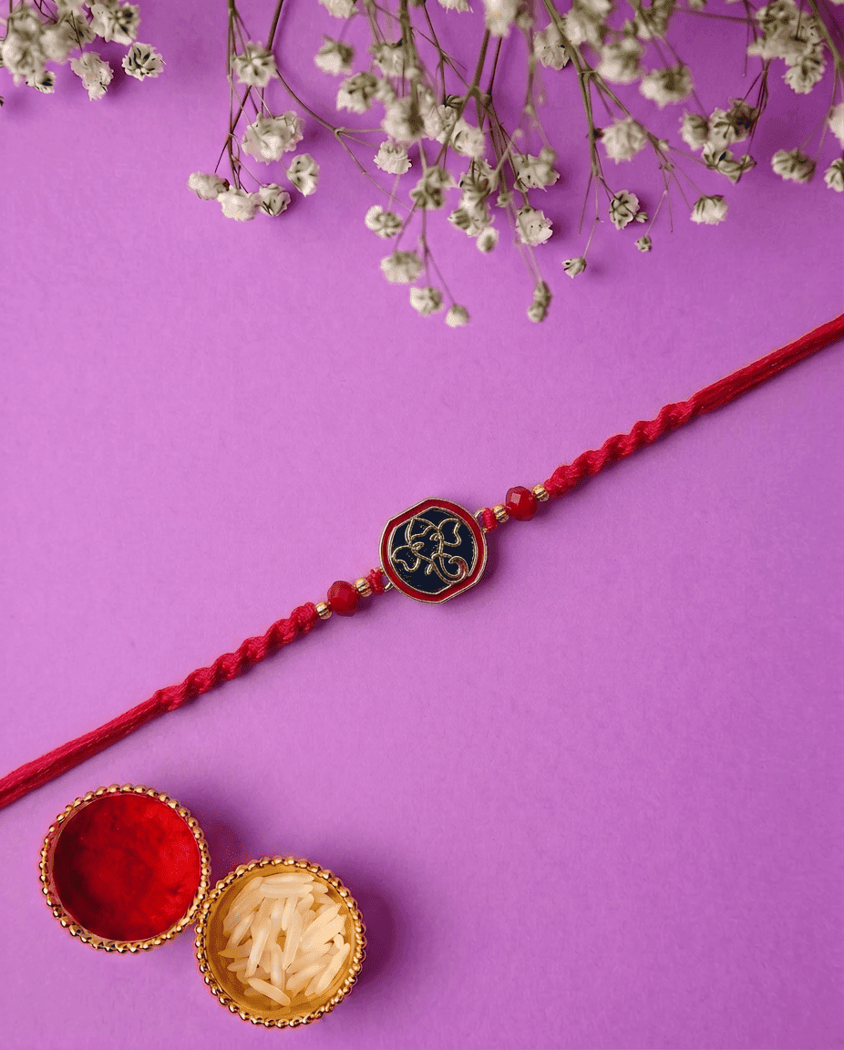 Auspicious Shree Ganesh with Red Thread Designer Bhai Rakhi