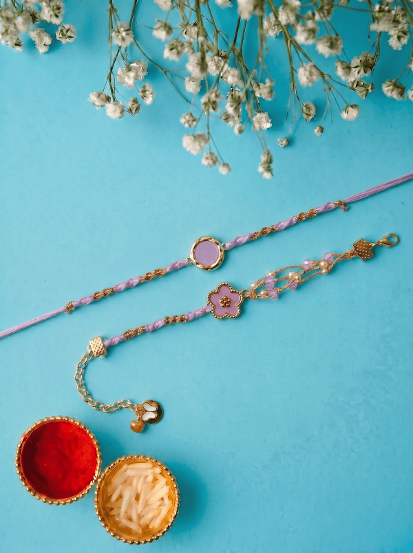 Handcrafted Purple & Gold Thread Couple Rakhi Set