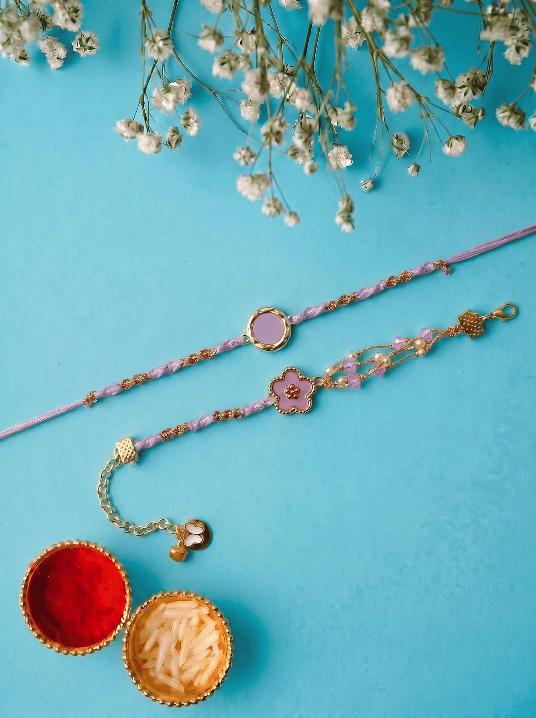 Handcrafted Purple & Gold Thread Couple Rakhi Set