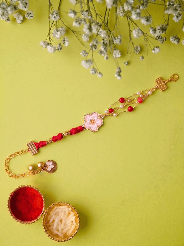 Handcrafted Red Color Thread & Braided Pearl Bhabhi Rakhi
