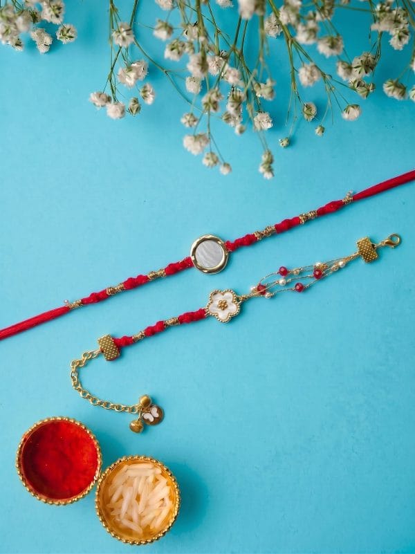 Handcrafted Red & Gold Thread Couple Rakhi Set