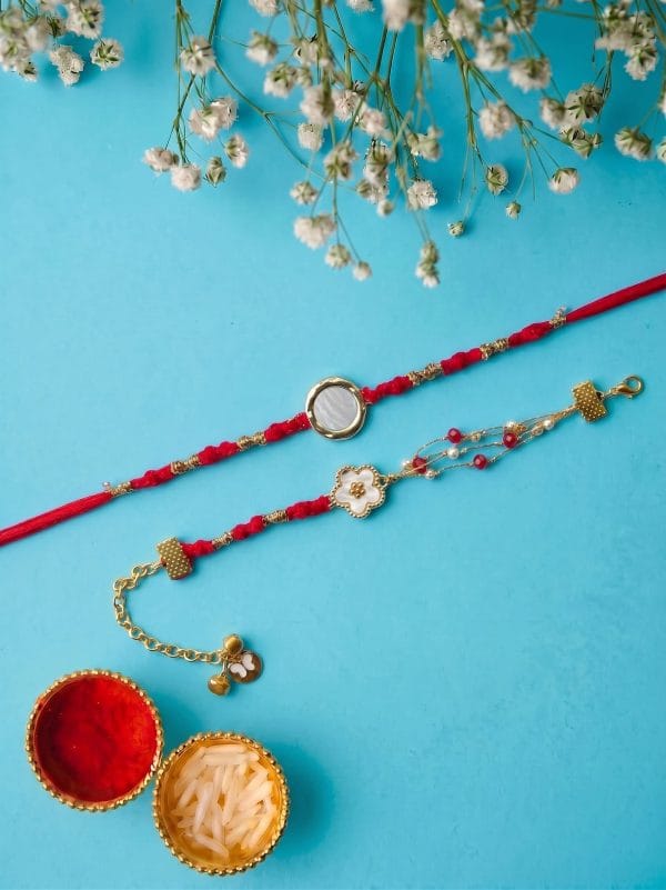 Handcrafted Red & Gold Thread Couple Rakhi Set