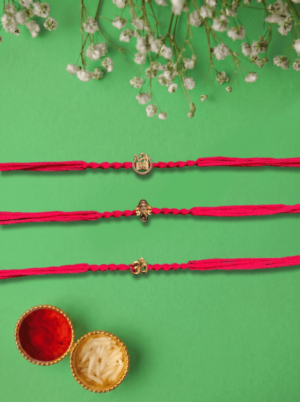 Handmade Auspicious Gold Trimantra Designer Bhai Rakhi Combo