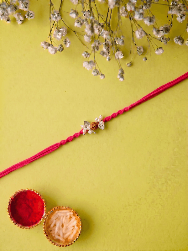 Handmade Elegant Silver Leaf Pearl & Rudraksha Bhabhi Rakhi