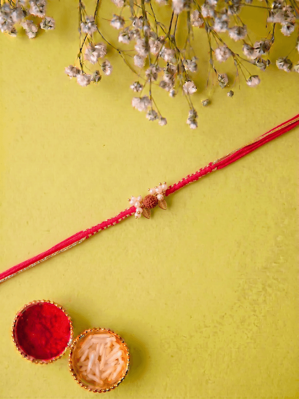 Handmade Elegant gold Leaf Pearl & Rudraksha Bhabhi Rakhi