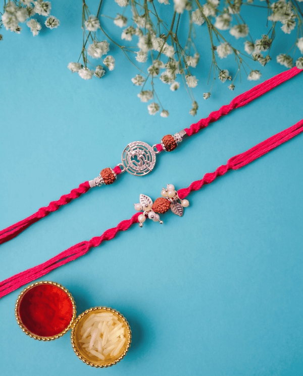 Luxury Om & Rudraksha Silver Designer Couple Rakhi Set