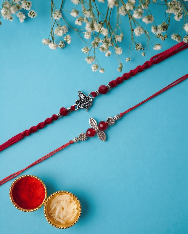 Premium Lord Shiva Mahadev with Stylish Silver Leaf Designer Couple Rakhi Set
