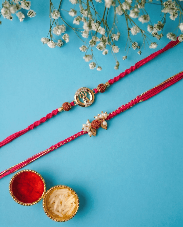 Premium Trishul & Rudraksha Gold Designer Couple Rakhi Set