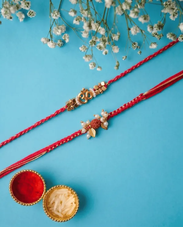 Royal Antique Gold Om & Rudraksha Couple Rakhi Set