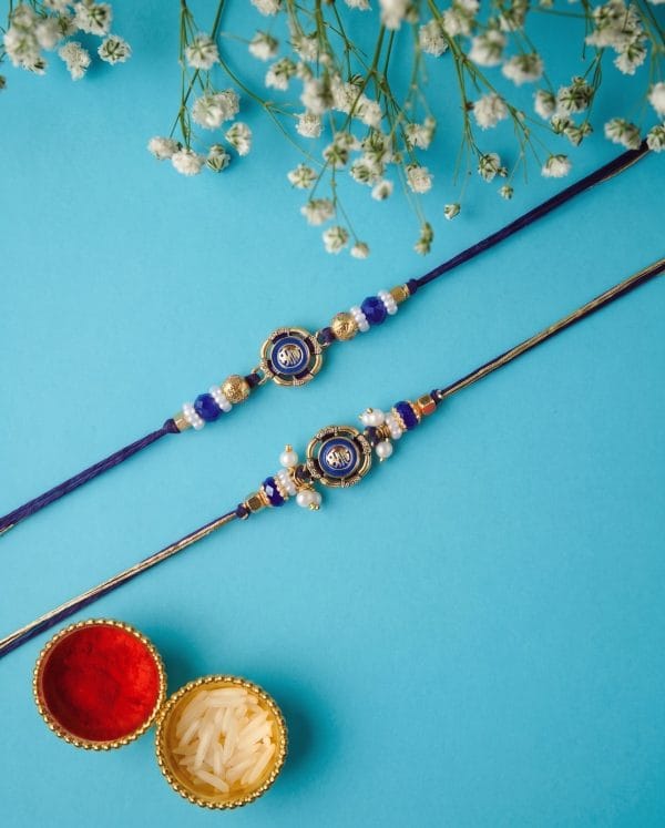 Royal Shree Enamel Navy Blue & Golden Couple Rakhi Set