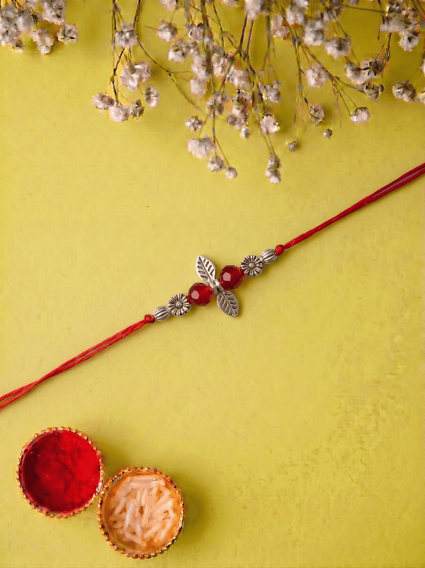 Stylish Silver Leaf with Red Crystal Beads Traditional Bhabhi Rakhi