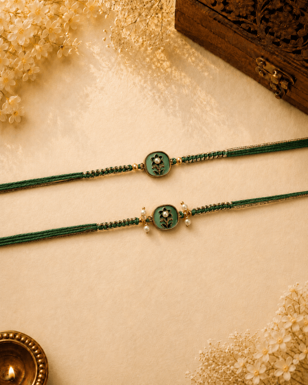 Green Floral Pearl Bhai Bhabhi Rakhi Set