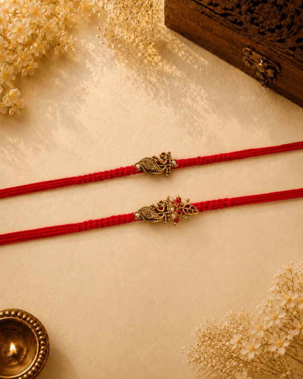 Antique Om Red Thread Bhai Bhabhi Rakhi Set