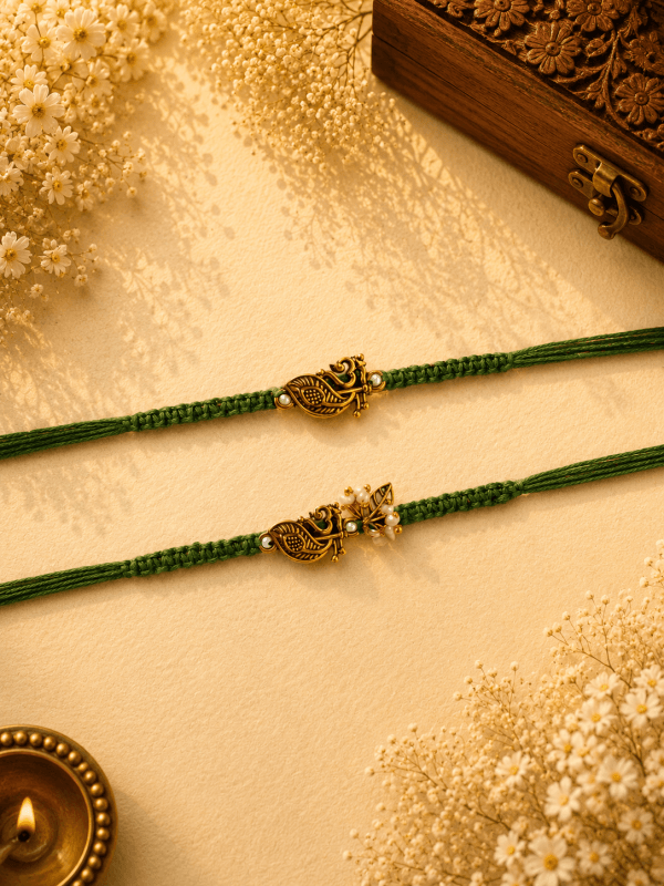 Antique Om Green Thread Bhai Bhabhi Rakhi Set
