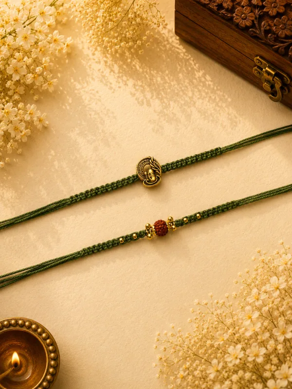 Shivling Knotting Belt Green Thread Bhai Bhabhi Rakhi Set