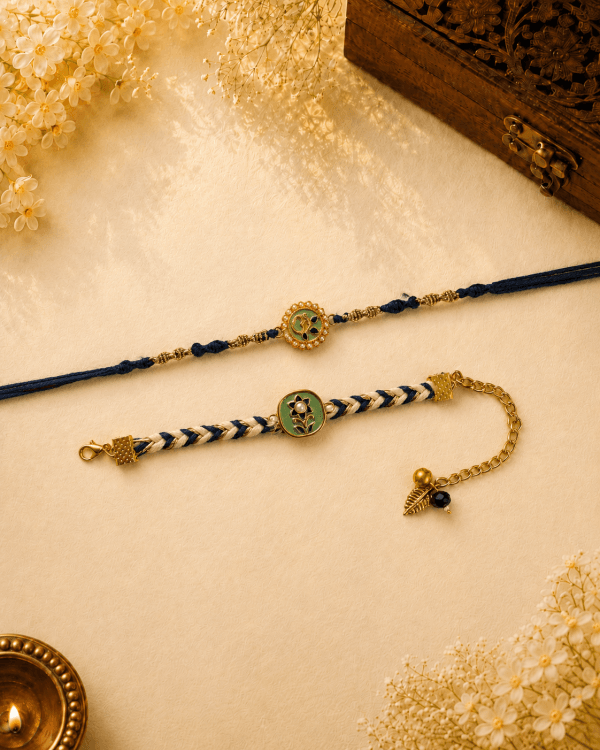 Om Floral Knotting Belt Blue Thread Bhai Bhabhi Rakhi Set