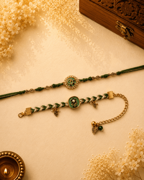 Om Floral Knotting Green Thread Belt Bhai Bhabhi Rakhi Set