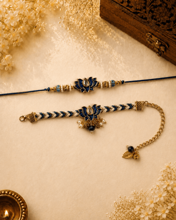 Blue Lotus Knotting Belt Bhai Bhabhi Rakhi Set