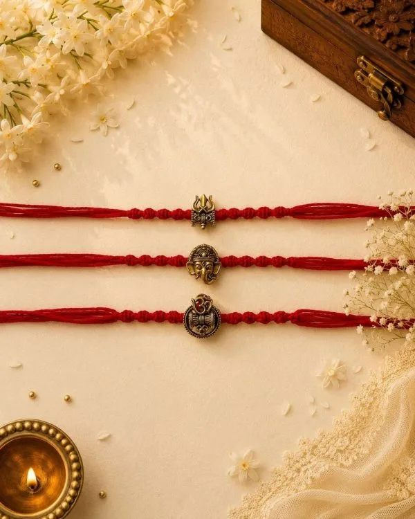 Trishul, Ganesha & Om Knotting Bead Combo Bhai Rakhi Set (Pack of 3)