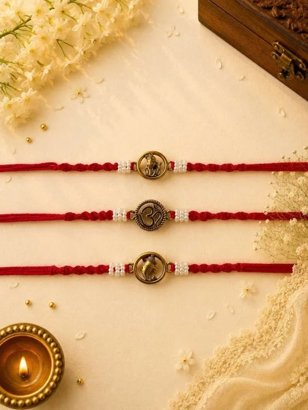 Krishna, Om & Ganesha Knotting Bead Bhai Rakhi Combo Set (Pack of 3)