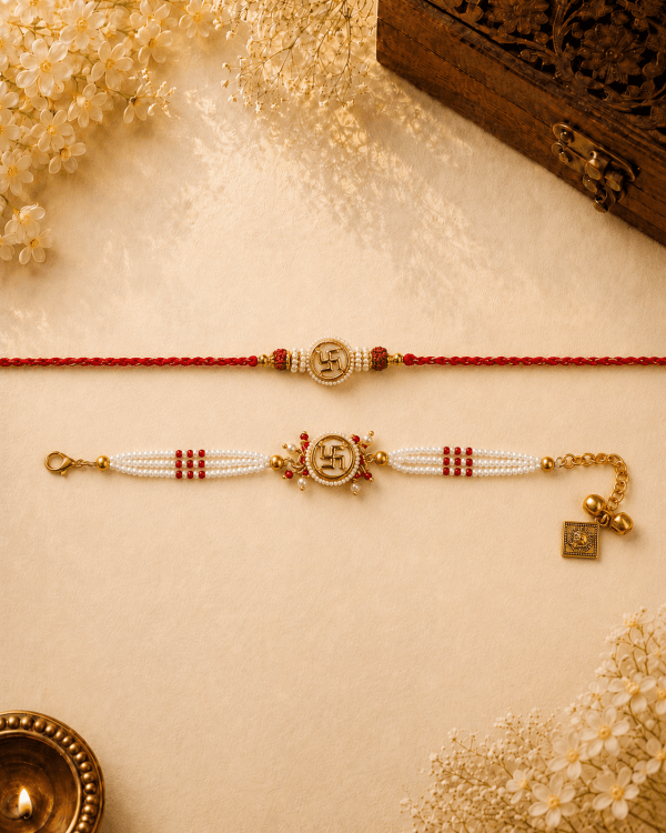 Swastik Pearl Bhai Bhabhi Rakhi Set