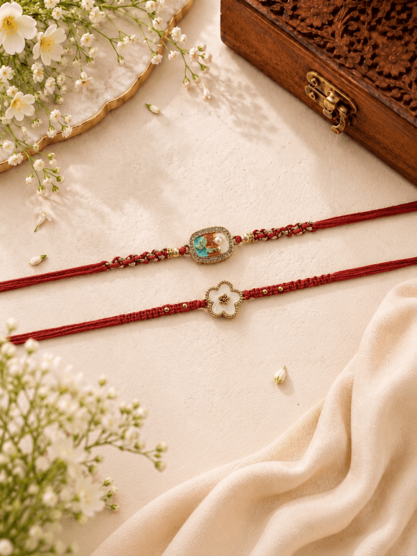 Floral Pearl Bhai Bhabhi Rakhi Set | Handcrafted Red Knotting Thread Rakhi Combo