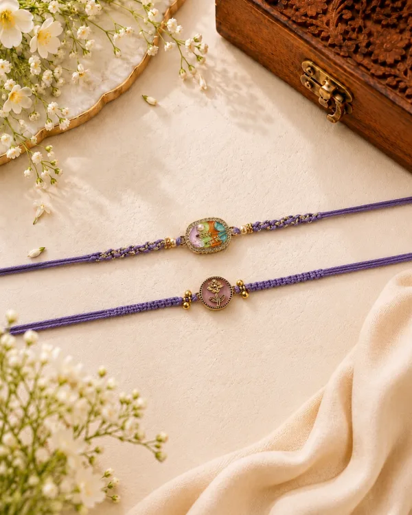 Lavender Floral Bhai Bhabhi Rakhi Set | Handcrafted Purple Thread Rakhi Combo